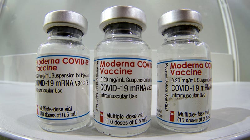 hree vials of the 'Moderna COVID-19 Vaccine' are pictured at a new coronavirus, COVID-19, vaccination center at the 'Velodrom' (velodrome-stadium) on February 17, 2021 in Berlin, Germany.