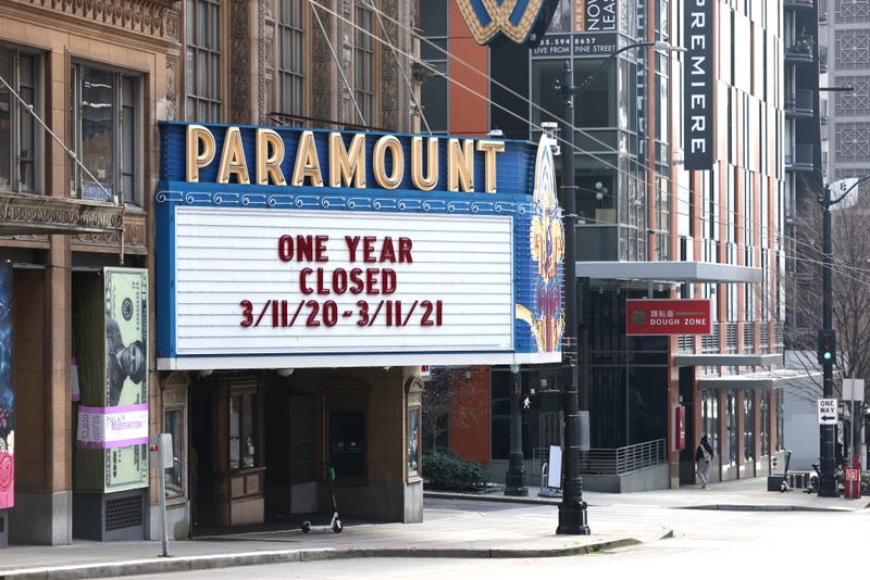 The Paramount Theatre and marquis one year into pandemic shutdowns