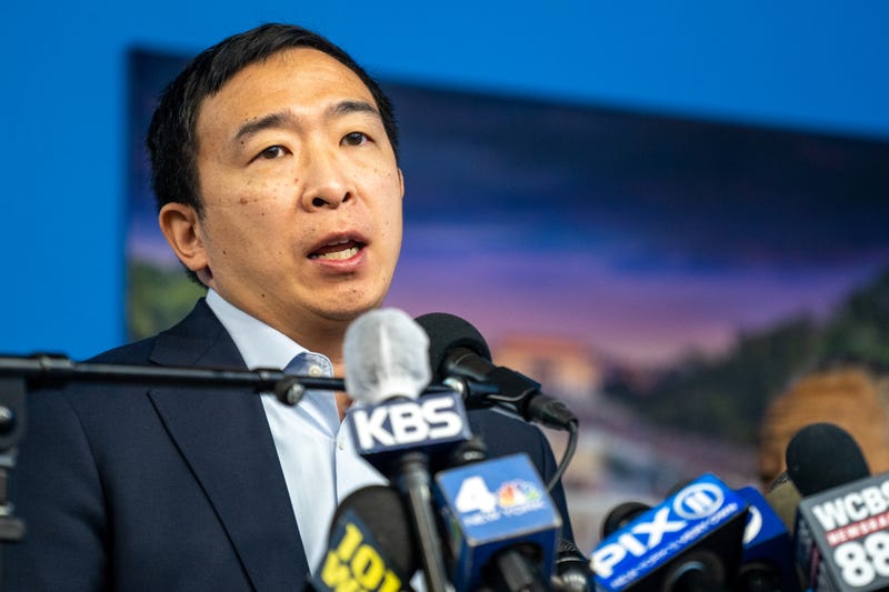 Mayoral candidate Andrew Yang speaks during a press conference at the National Action Network's House of Justice to denounce the rise of attacks against Asian Americans on March 18, 2021 in New York City