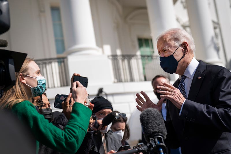 President Joe Biden speaks with reporters outside of the White House before leaving for Georgia on March 19