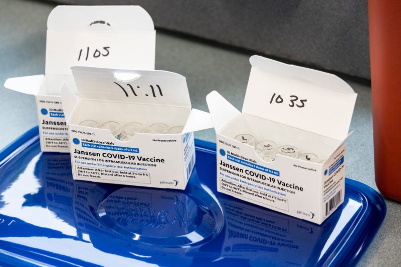 Boxes of the Covid-19 Johnson & Johnson Janssen vaccine are ready to be distributed as part of a collaborative effort from the West Virginia National Guard, FamilyCare Health Centers and Toyota to vaccinate Toyota employees on March 26, 2021 on the grounds of the Toyota plant in Buffalo, West Virginia.