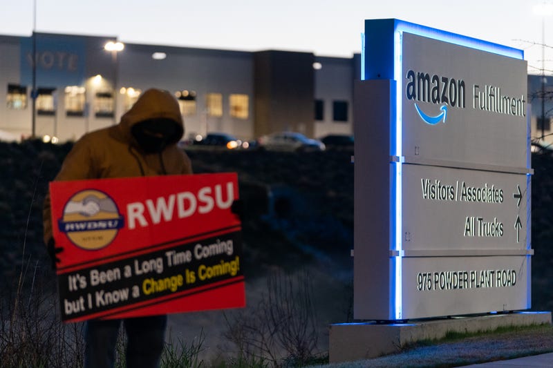 A union rep outside the Amazon fulfillment warehouse in Alabama.