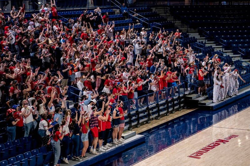 Gonzaga University students cheer during a watch party at the McCarthey Athletic Center at Gonzaga University on April 5, 2021 in Spokane, Washington.