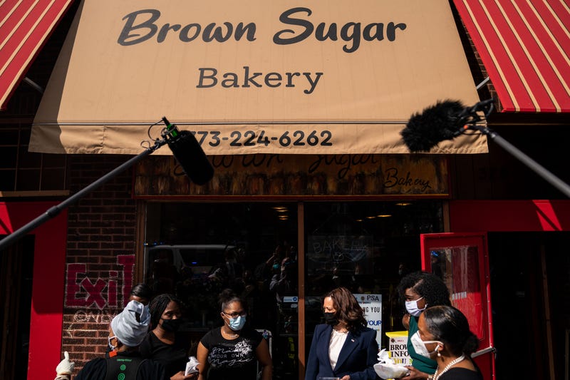 Vice President Kamala Harris makes a stop at Brown Sugar Bakery on Chicago's South Side with Cook County State's Attorney Kim Foxx and Illinois Lt. Governor Juliana Stratton on Tuesday, April 6, 2021.