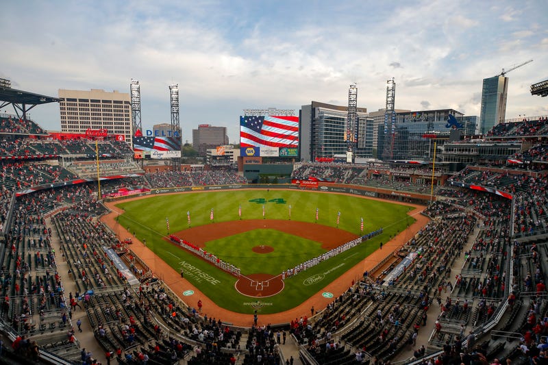 A general view of Truist Park as the National Anthem is performed prior to an MLB game against the Philadelphia Phillies at Truist Park on April 9, 2021 in Atlanta, Georgia.