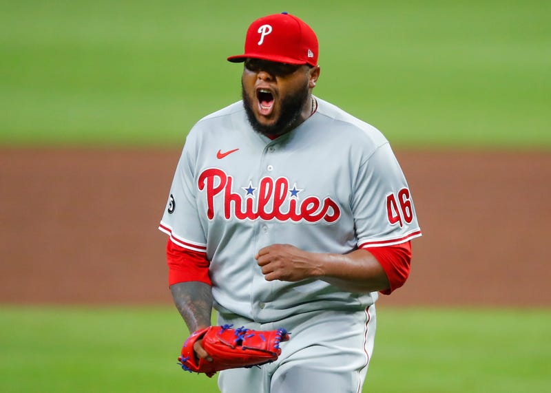 Jose Alvarado #46 of the Philadelphia Phillies reacts in the seventh inning of an MLB game against the Atlanta Braves at Truist Park on April 10, 2021 in Atlanta, Georgia.