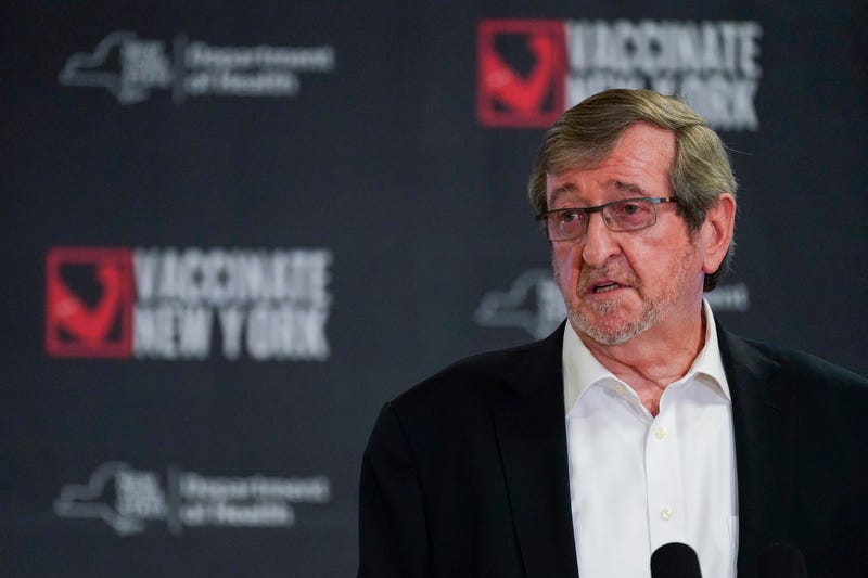 Northwell Health CEO Michael J. Dowling speaks during a news conference, at a pop up COVID-19 vaccination sight on April 14, 2021 at Belmont Park in Elmont , New York