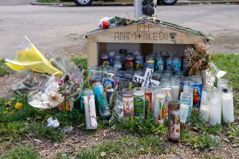 A small memorial is seen where 13-year-old Adam Toledo was shot and killed by a Chicago Police officer in the Little Village neighborhood on April 15, 2021 in Chicago, Illinois. The rally is held in protest of the killing of 13-year-old Adam Toledo by a Chicago Police officer on March 29th. The video of the fatal shooting was released on Thursday to the general public by the Civilian Office of Police Accountability more than two weeks after the incident took place.