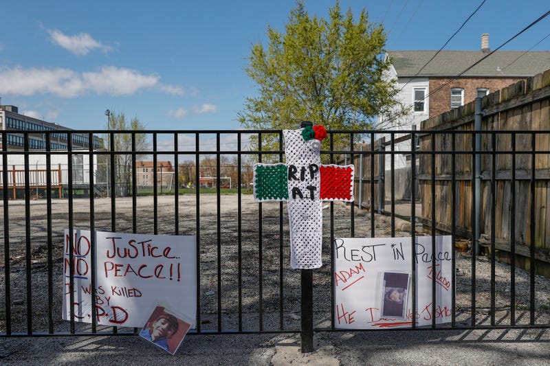 A small memorial is seen where 13-year-old Adam Toledo was shot and killed by a Chicago Police officer in the Little Village neighborhood on April 15, 2021 in Chicago, Illinois. The rally is held in protest of the killing of 13-year-old Adam Toledo by a Chicago Police officer on March 29th. The video of the fatal shooting was released on Thursday to the general public by the Civilian Office of Police Accountability more than two weeks after the incident took place.