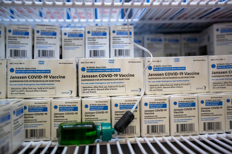 A detail of Janssen Johnson & Johnson COVID-19 vaccine that is not currently being given out because it has been put on hold. It was the first day that people ages 16 and up can receive a Moderna or Pfizer vaccine at Kedren Health on Thursday, April 15, 2021 in Los Angeles, CA. Award-winning television producer, Marti Noxon, whos a big fan of Kedren Vaccines, sent an In-N-Out truck to feed 200+ volunteers who help make this vaccine program such a huge success and she did so on the day that vaccines are being made available to all people 16+ in Los Angeles. 