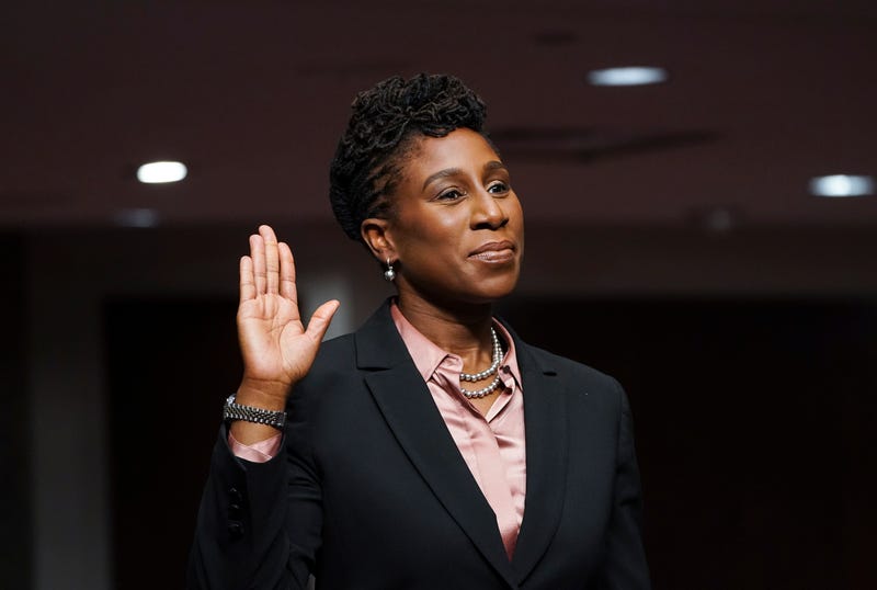 Candace Jackson-Akiwumi, nominated to be a U.S. Circuit Judge for the Seventh Circuit, is sworn in to testify before a Senate Judiciary Committee hearing on pending judicial nominations on Capitol Hill, April 28, 2021 in Washington, DC. The committee is holding the hearing on pending judicial nominations.