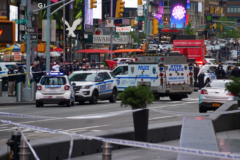 Police officers are seen in Times Square on May 8, 2021 in New York City. According to reports, three people, including a toddler, were injured in a shooting near West 44th St. and 7th Ave
