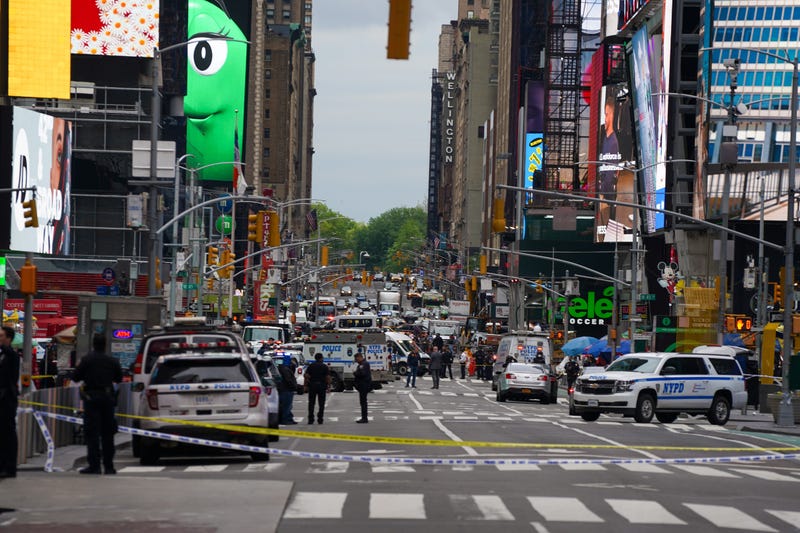 Police officers are seen in Times Square on May 8, 2021 in New York City. According to reports, three people, including a toddler, were injured in a shooting near West 44th St. and 7th Ave