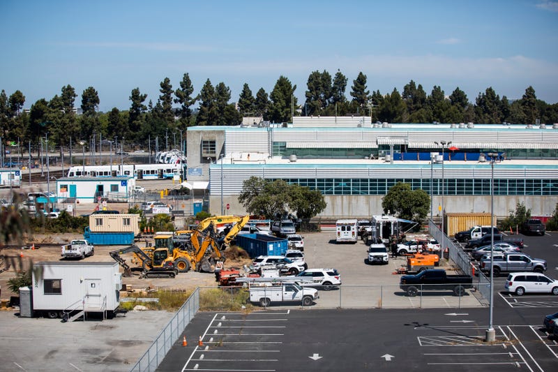 A view of the Valley Transportation Authority (VTA) light-rail yard where a mass shooting occurred on May 26, 2021 in San Jose, California. A VTA employee opened fire at the yard, with preliminary reports indicating nine people dead including the gunman.