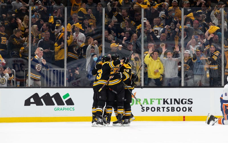 The Boston Bruins celebrate a goal