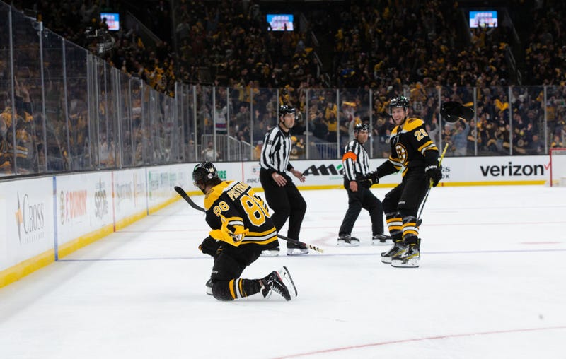 David Pastrnak scores his third goal of Game 1