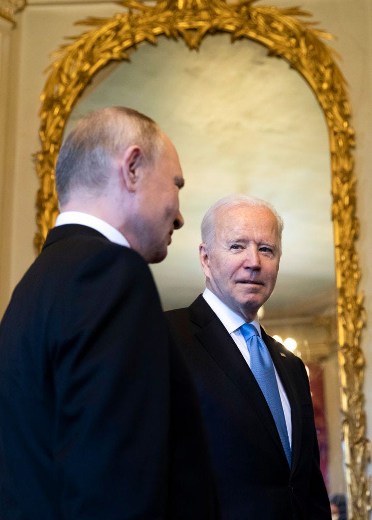 U.S. President Joe Biden (R) and Russian President Vladimir Putin meet during the U.S.-Russia summit at Villa La Grange on June 16, 2021 in Geneva, Switzerland.