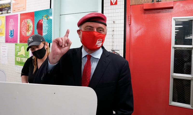 New York City Republican Mayoral Front-Runner,Curtis Sliwa casts his vote at the Frank McCourt High School as residents vote during the New York City mayoral primary election on June 22, 2021 in New York City. 
