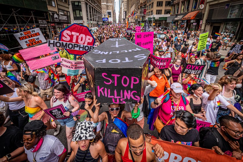 MANHATTAN, NEW YORK, UNITED STATES - 2021/06/27: A coffin painted with the words "Stop Killing Us" seen at the Pride March in New York City on June 27, 2021. Thousands of New Yorkers took to the streets of Manhattan to participate on the Reclaim Pride Coalition's third annual Queer Liberation March, where no police, politicians or corporations were allowed to participate.