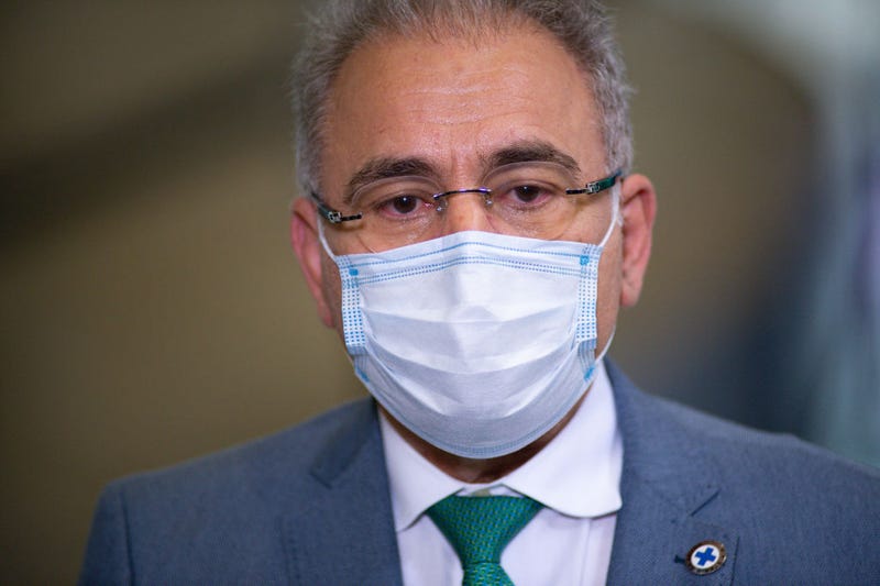 Brazil's Health Minister, Marcelo Queiroga, looks on after an event to launch a new register for professional workers of the fish industry at Planalto Government Palace on June 29, 2021 in Brasilia, Brazil.
