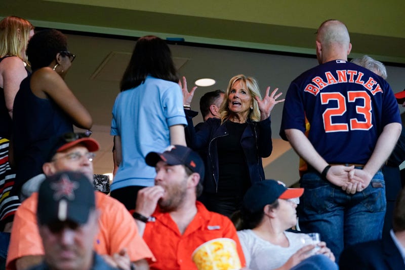 First lady Jill Biden and Second Gentleman Doug Emhoff attend a baseball game between the Houston Astros and the Baltimore Orioles at Minute Maid Park, in Houston, Texas, on June 29, 2021. 