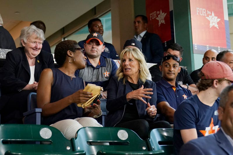 First lady Jill Biden(C) attends baseball game between the Houston Astros and the Baltimore Orioles at Minute Maid Park, in Houston, Texas, on June 29, 2021.