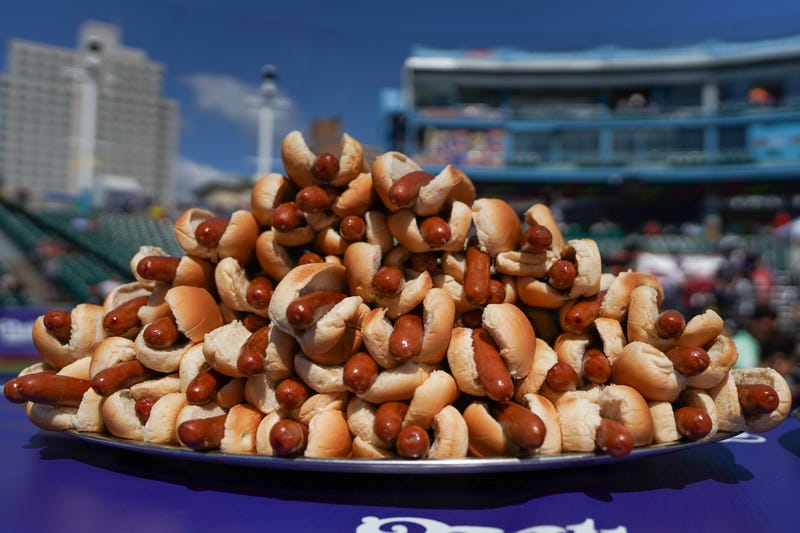 Plate of hot dogs in buns at Nathan's Famous Hot Dog Eating Contest