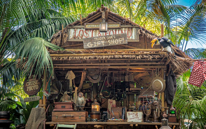 In this handout photo provided by Disneyland Resorts, Alberta Falls asks her longtime friend Trader Sam to run the Lost & Found location, at the world-famous Jungle Cruise at Disneyland Park 