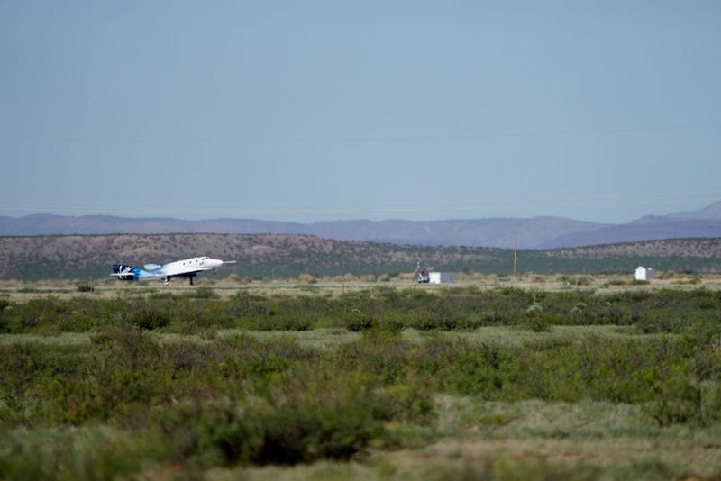 Virgin Galactic's VSS Unity returns to Spaceport America after its first fully crewed test flight July 11, 2021 in Truth Or Consequences, New Mexico. Aboard VSS unity are pilots Dave Mackay and Michael Masucci, and mission specialists Sirisha Bandla, British billionaire and founder of Virgin Galactic Sir Richard Branson, Colin Bennett, and Beth Moses. The VSS Unity traveled to the edge of space at an altitude of over 50 miles above the Earth.