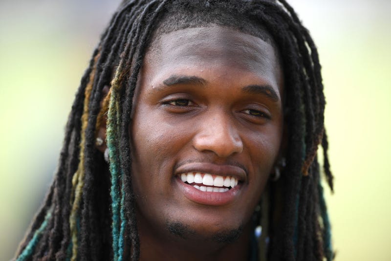 Wide receiver CeeDee Lamb #88 of the Dallas Cowboys answers questions from the media following a day of training camp at River Ridge Complex on July 24, 2021 in Oxnard, California.