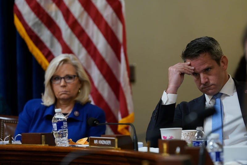 Rep. Liz Cheney (R-WY) and Rep. Adam Kinzinger (R-IL) listen as Rep. Elaine Luria (D-VA) speaks during the House Select Committee investigating the January 6 attack on the U.S. Capitol on July 27, 2021 at the Cannon House Office Building in Washington, DC. Members of law enforcement testified about the attack by supporters of former President Donald Trump on the U.S. Capitol. According to authorities, about 140 police officers were injured when they were trampled, had objects thrown at them, and sprayed with chemical irritants during the insurrection. (Photo by Andrew Harnik-Pool/Getty Images)
