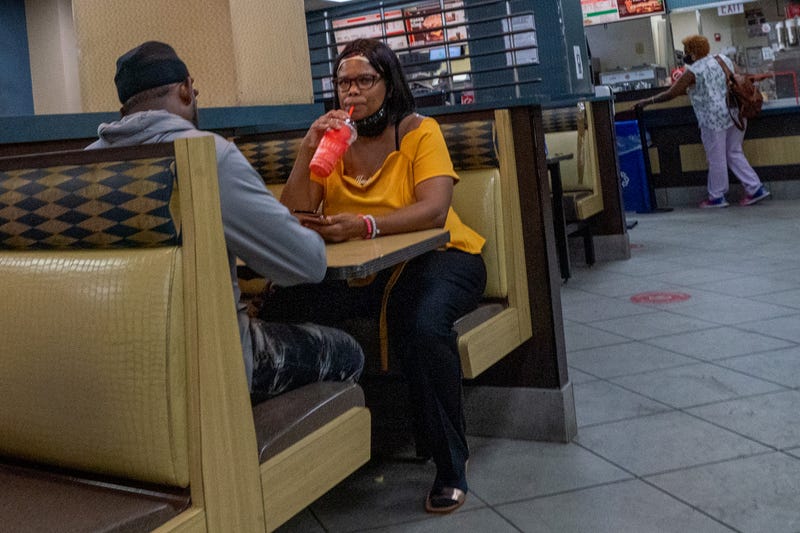 People eat at a restaurant on August 3, 2021 in New York City. Mayor Bill de Blasio has just announced "first in the nation" vaccine requirements.