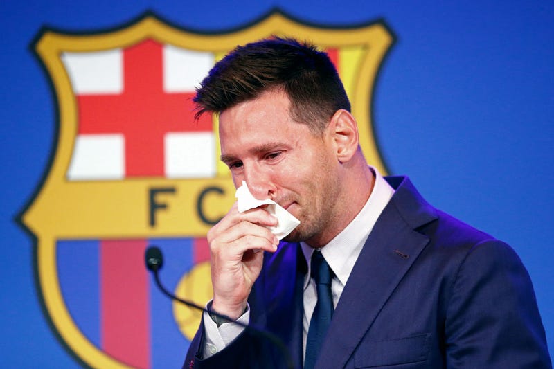 Lionel Messi of FC Barcelona faces the media during a press conference at Nou Camp on August 08, 2021 in Barcelona, Spain. 