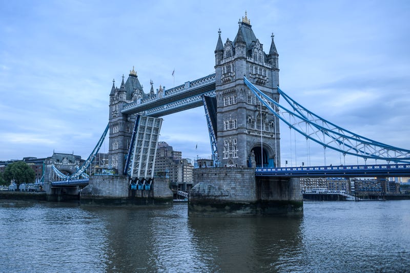 Tower Bridge is seen stuck in the raised position on August 9, 2021, in London, England.