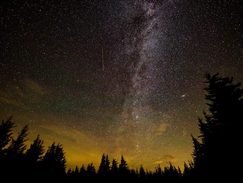A meteor shoots across the night sky during the Perseid meteor shower in Spruce Knob, West Virginia