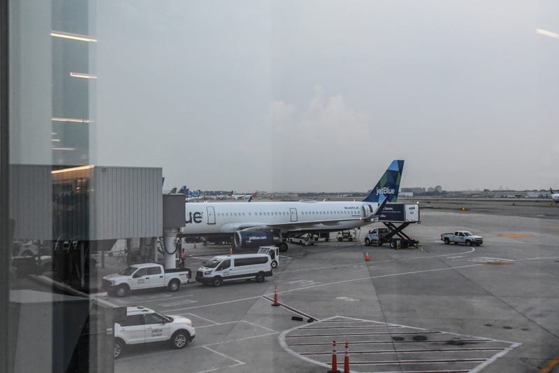An Airbus SE A321-231 aircraft operated by JetBlue Airways Corp. on the tarmac ahead of the company's inaugural flight to London Heathrow Airport (LHR) at John F. Kennedy (JFK) Airport.