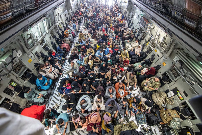In this handout image provided by the Ministry of Defence, a full flight of 265 people are evacuated out of Kabul by the UK Armed Forces on August 21, 2021 in Kabul, Afghanistan. The British armed forces are evacuating UK citizens and eligible personnel out of the Afghan capital after the Taliban took control of the country last week.