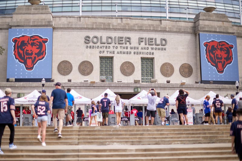 A general view of Soldier Field is seen as fans enter the stadium during a preseason game between the Chicago Bears and the Buffalo Bills on August 21, 2021 at Soldier Field in Chicago, IL