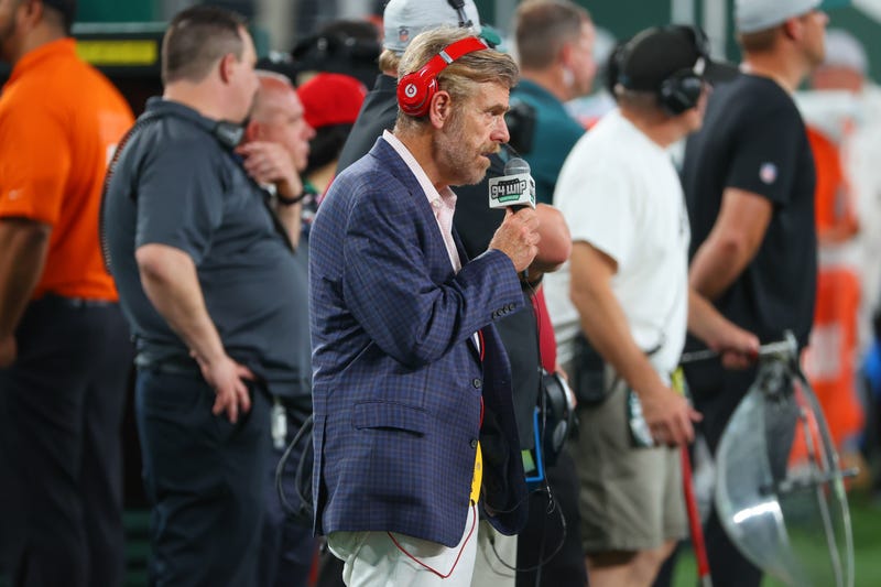 Philadelphia sportscaster Howard Eskin on the field during the National Football League preseason game between the New York Jets and the Philadelphia Eagles on Aug. 27, 2021, at MetLife Stadium in East Rutherford, New Jersey. 