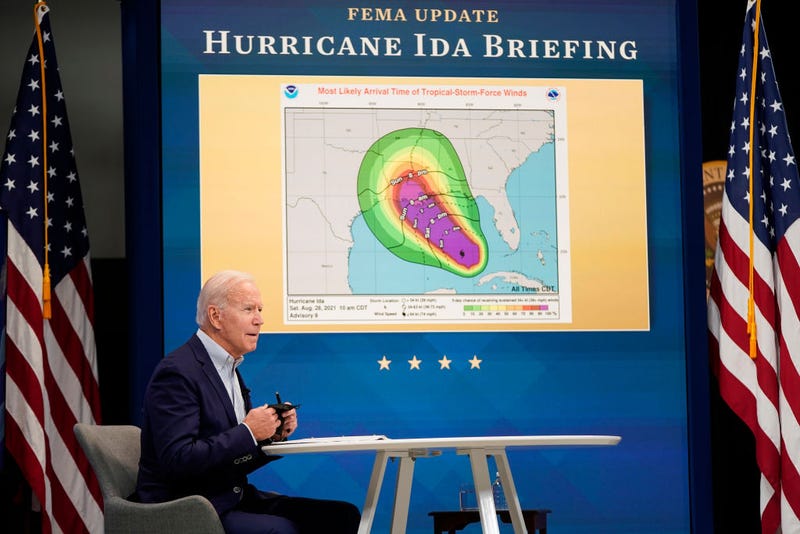 U.S. President Joe Biden speaks on the preparations being made by FEMA for Hurricane Ida in the Eisenhower Executive Office Building on August 28, 2021 in Washington, DC. Hurricane Ida is expected to hit the Gulf Coast with life threatening storm surge and catastrophic winds on Sunday. (Photo by Joshua Roberts/Getty Images)