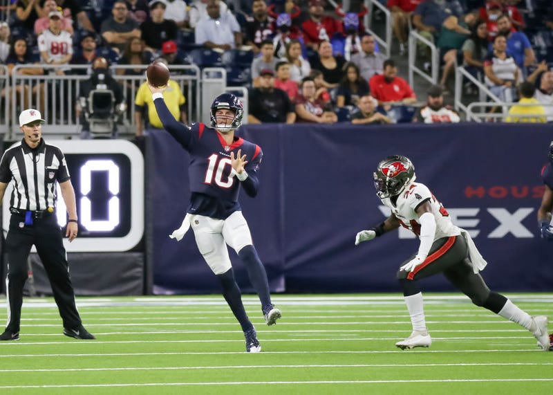Houston Texans quarterback Davis Mills (10) throws a pass during the preseason football game between the Tampa Bay Buccaneers and Houston Texans on August 28, 2021 at NRG Stadium in Houston, Texas.