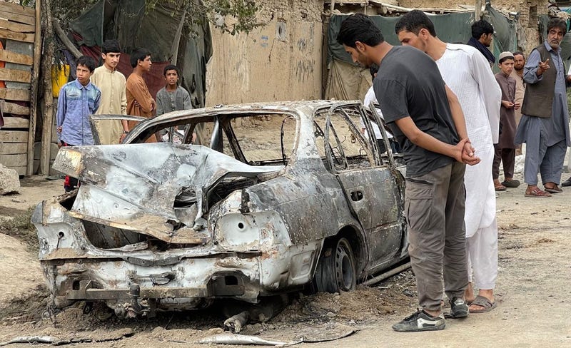 A view from the scene after at least five rockets were fired at the Afghan capital Kabul's Hamid Karzai International Airport on August 30, 2021. Local sources confirmed the rockets were fired but intercepted via defense systems installed at the airport. Casualties are feared, but no immediate details were available. US President Joe Biden had warned an attack was âvery likely,â as the clock is ticking for the full withdrawal of US forces by the deadline, Tuesday, set by the Taliban, who took control of Kabul on Aug. 15. 