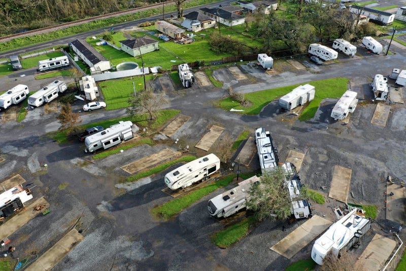 RVs are flipped over in an RV park in Paradise, Louisiana after Hurricane Ida.