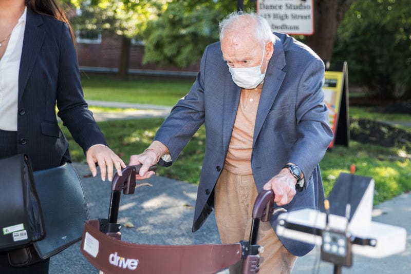 Former Cardinal Theodore McCarrick arrives at the Dedham courthouse for his first appearance for sexual assault charges on September 3, 2021 in Dedham, Massachusetts.