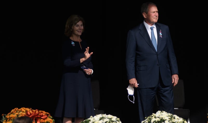 Former U.S. President George W Bush and his wife Laura attend the 20th Anniversary remembrance of the September 11, 2001 terrorist attacks at the Flight 93 National Memorial on September 11, 2021 in Shanksville, Pennsylvania.