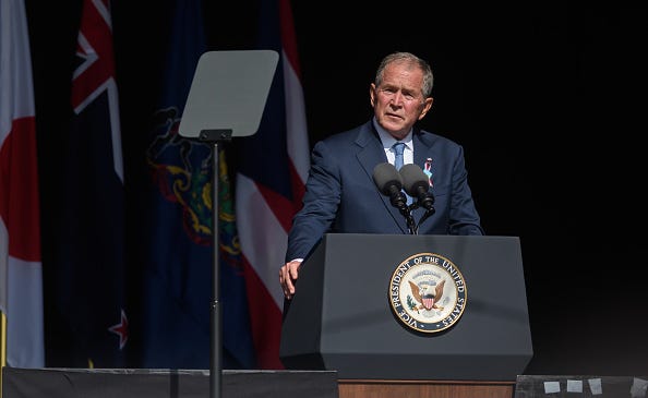 Former President George W Bush speaks at the 20th Anniversary remembrance of the September 11, 2001 terrorist attacks at the Flight 93 National Memorial on September 11, 2021 in Shanksville, Pennsylvania.