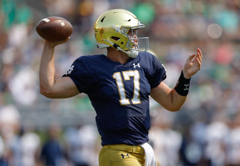 Jack Coan #17 of the Notre Dame Fighting Irish throws the ball during the first half against the Toledo Rockets at Notre Dame Stadium on September 11, 2021 in South Bend, Indiana.
