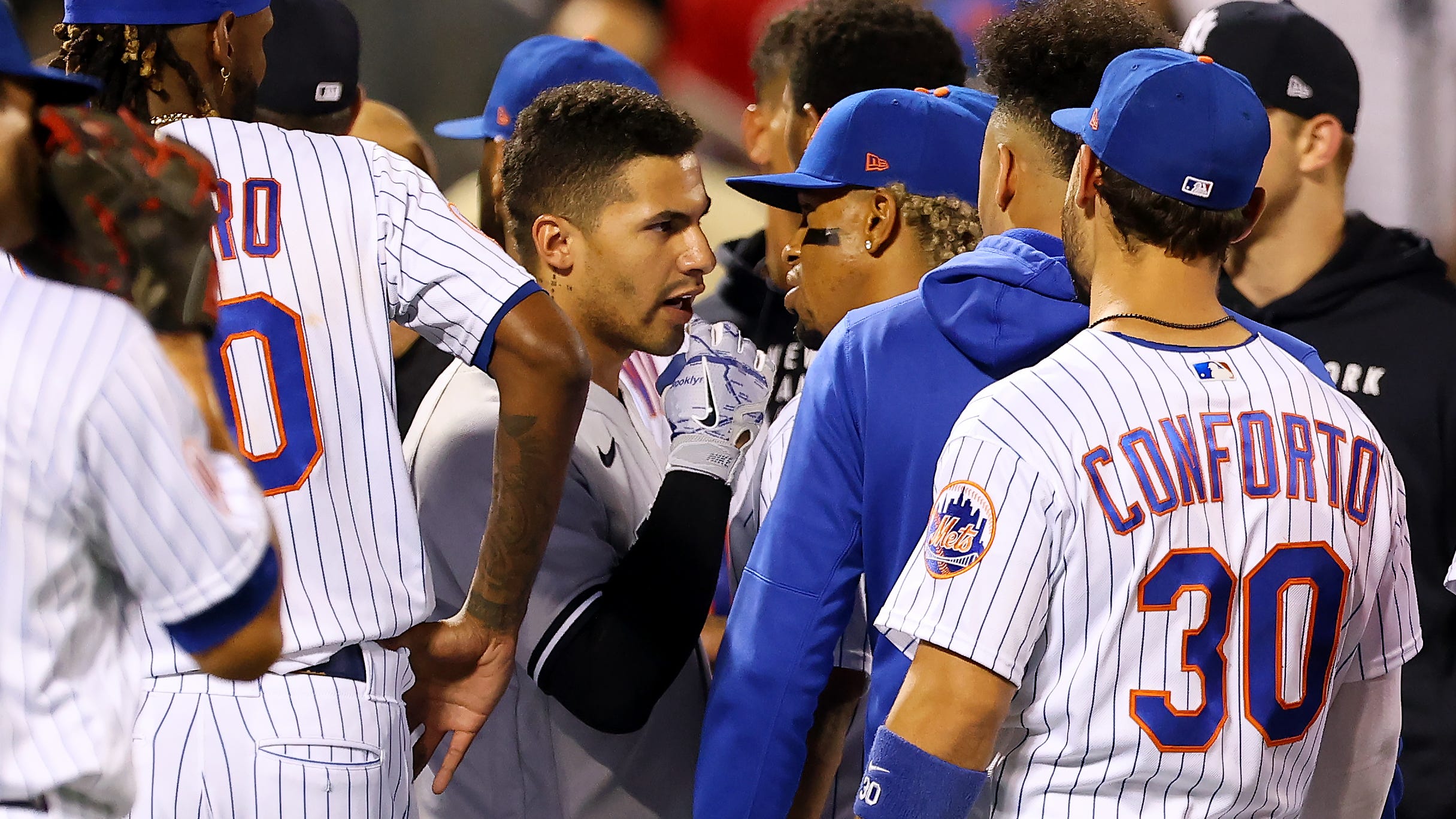 Giancarlo Stanton, Joey Gallo explain Yankees' whistling, benches-clearing argument