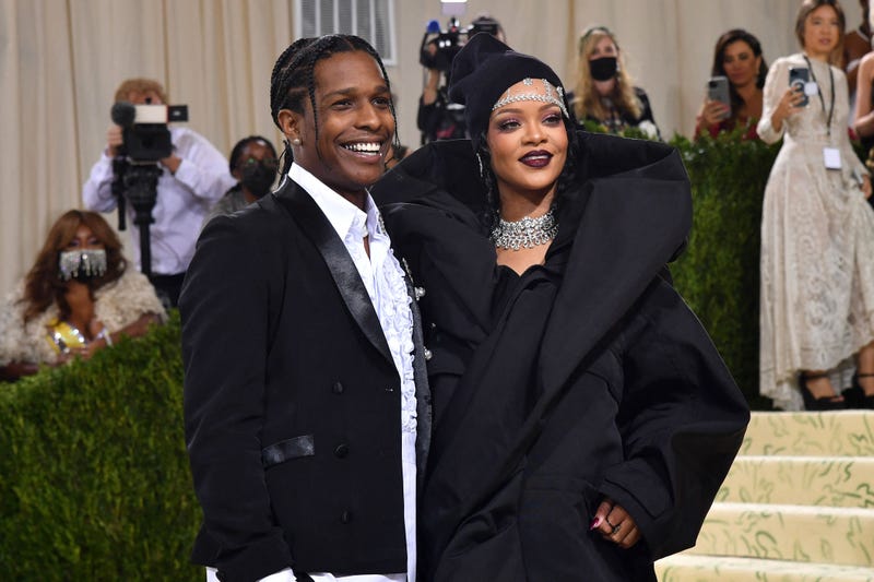 Rihanna and A$AP Rocky arrive for the 2021 Met Gala at the Metropolitan Museum of Art on September 13, 2021, in New York.