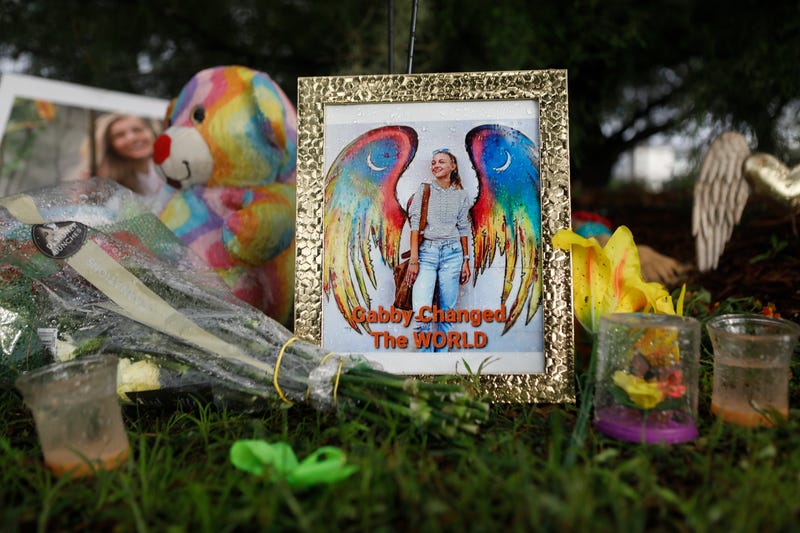 SEPTEMBER 21: A makeshift memorial dedicated to Gabby Petito is located near the North Port City Hall on September 21, 2021 in North Port, Florida. The body of Petito was found by authorities in Wyoming, where she went missing while on a cross-country trip with her fiance, Brian Laundrie. Law enforcement agencies are for searching for his whereabouts.